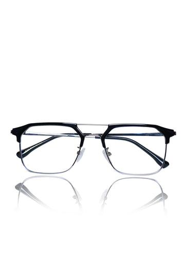Premium Series Classic Vintage Eyewear Eyeglasses Spectacles with Blue Light Anti Glare Glasses Frame for Men and Women (Black & Silver)