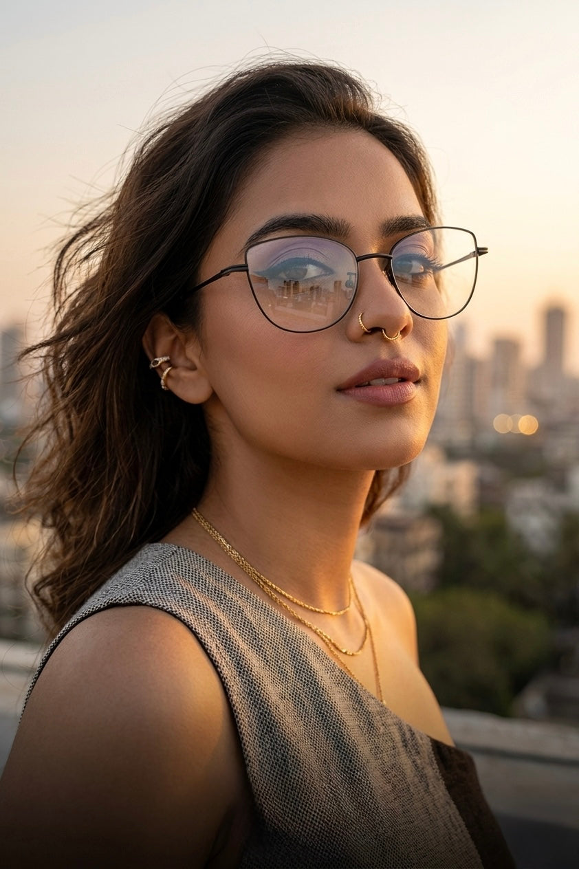 Premium Series Cat Eye Metal Designer Frame Women Spectacle | Fashionable Blu Cut Anti Glare Eyeglasses For Computer, Mobile Phone and Blue Rays Protection Eyewear (Black)