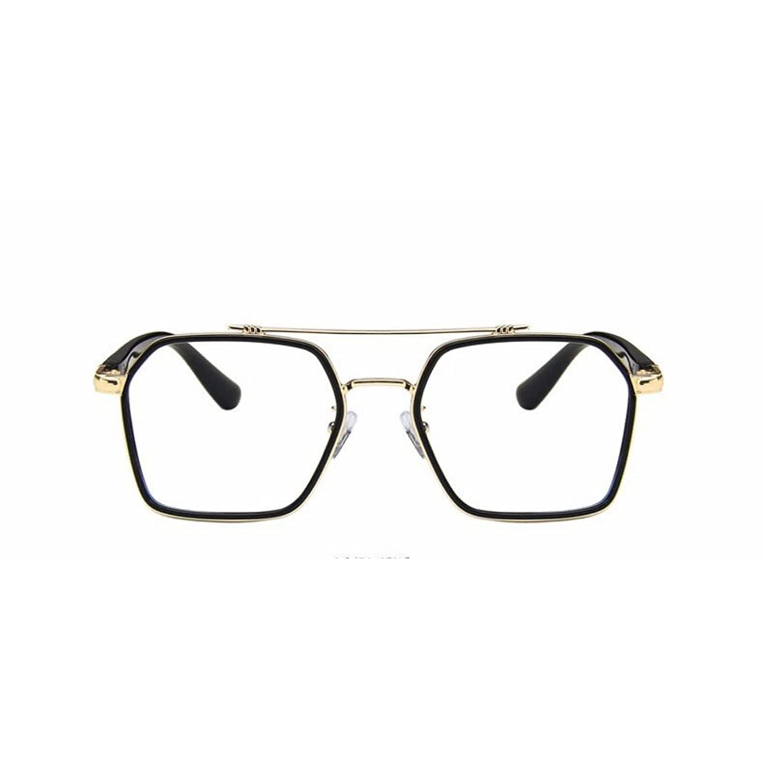 Tony Stark Square Frame Retro Vintage Frame for Men and Women Clear Spectacle Frame (Black & Gold)