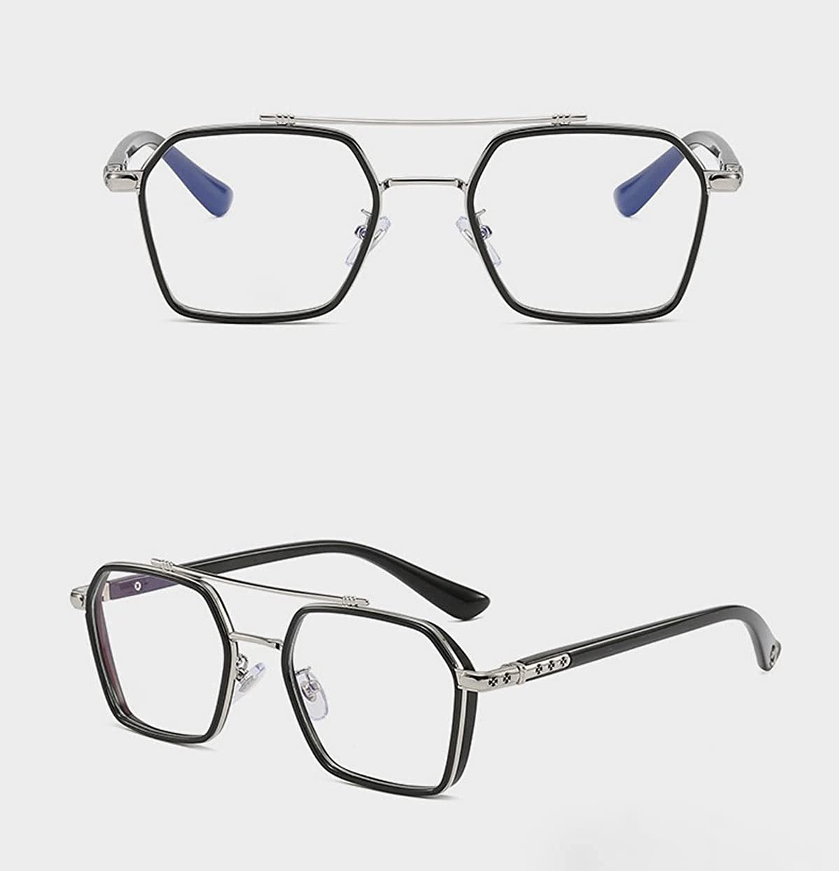 Tony Stark Square Frame Retro Vintage Frame for Men and Women Clear Spectacle Frame (Black & Silver)