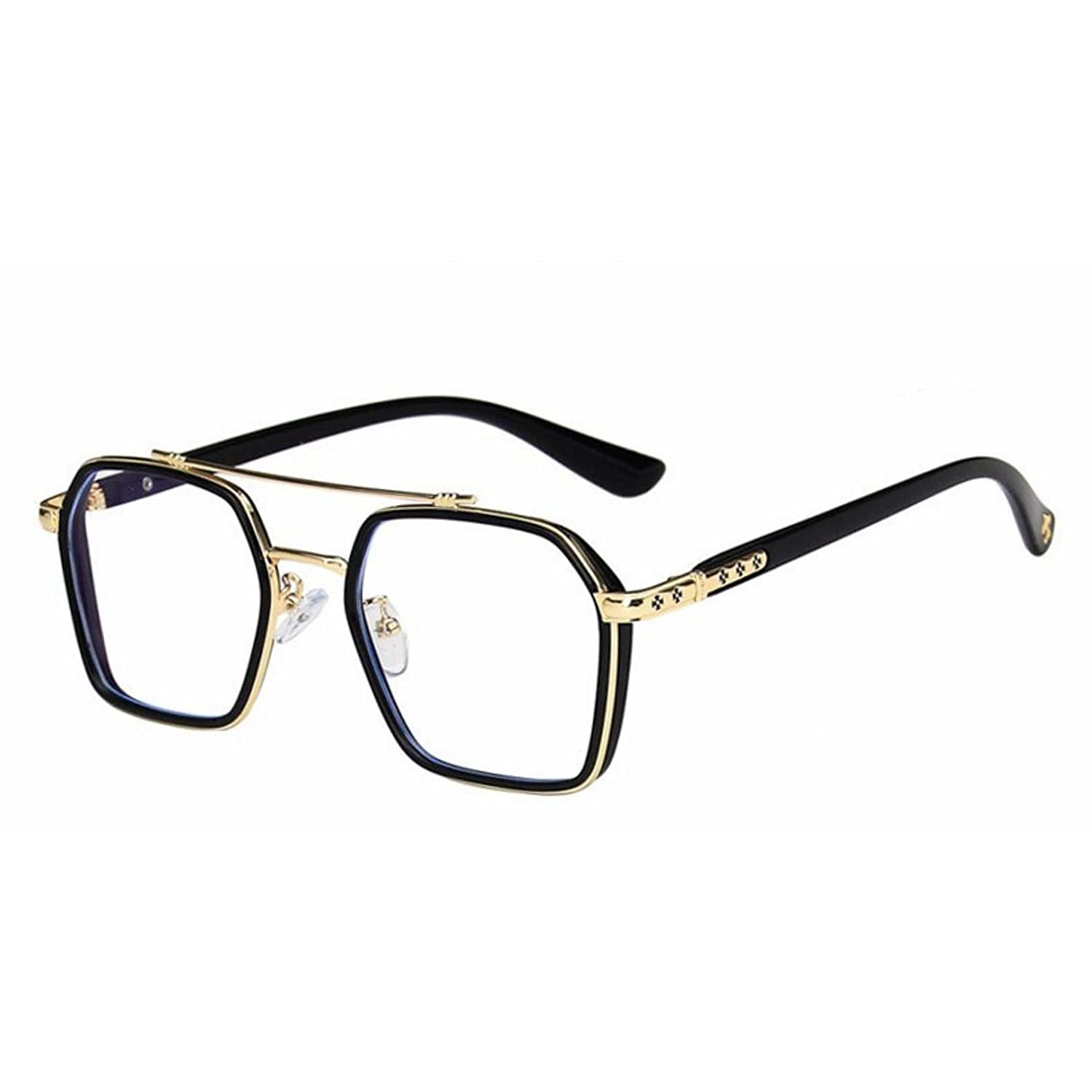 Tony Stark Square Frame Retro Vintage Frame for Men and Women Clear Spectacle Frame (Black & Gold)
