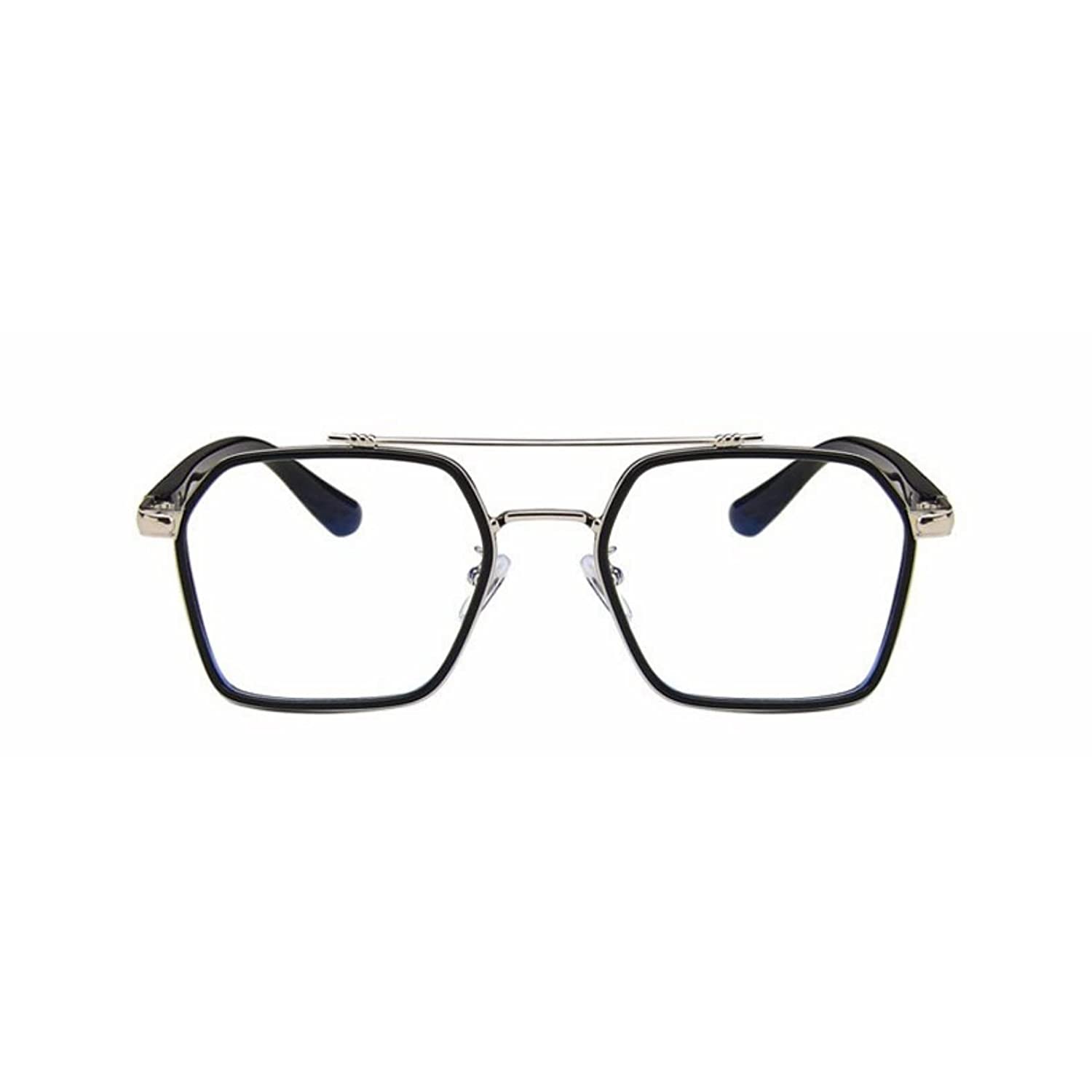 Tony Stark Square Frame Retro Vintage Frame for Men and Women Clear Spectacle Frame (Black & Silver)