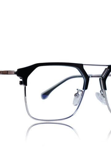 Premium Series Classic Vintage Eyewear Eyeglasses Spectacles with Blue Light Anti Glare Glasses Frame for Men and Women (Black & Silver)