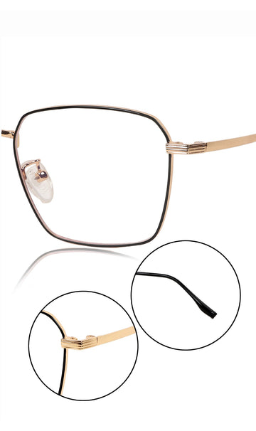 Premium Series Metal Spectacle Frame With Anti-Glare Blue Light Blocking Eyeglasses for Men and Women | Computer and Mobile Phone Protection Eyewear Frames (Black and Gold)