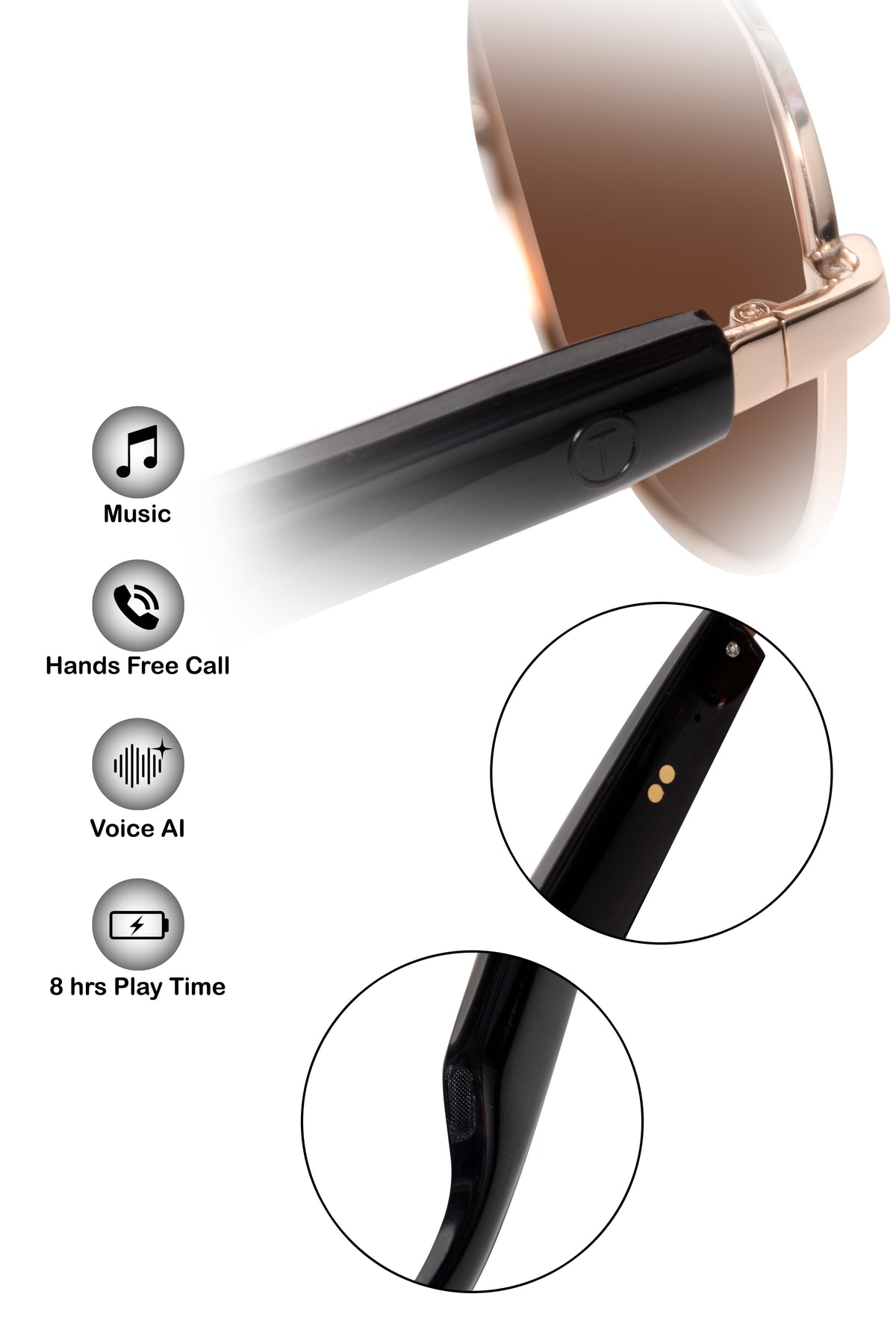 Jodykoes Square Smart Sunglasses with Speaker and Voice Assistant (Brown)