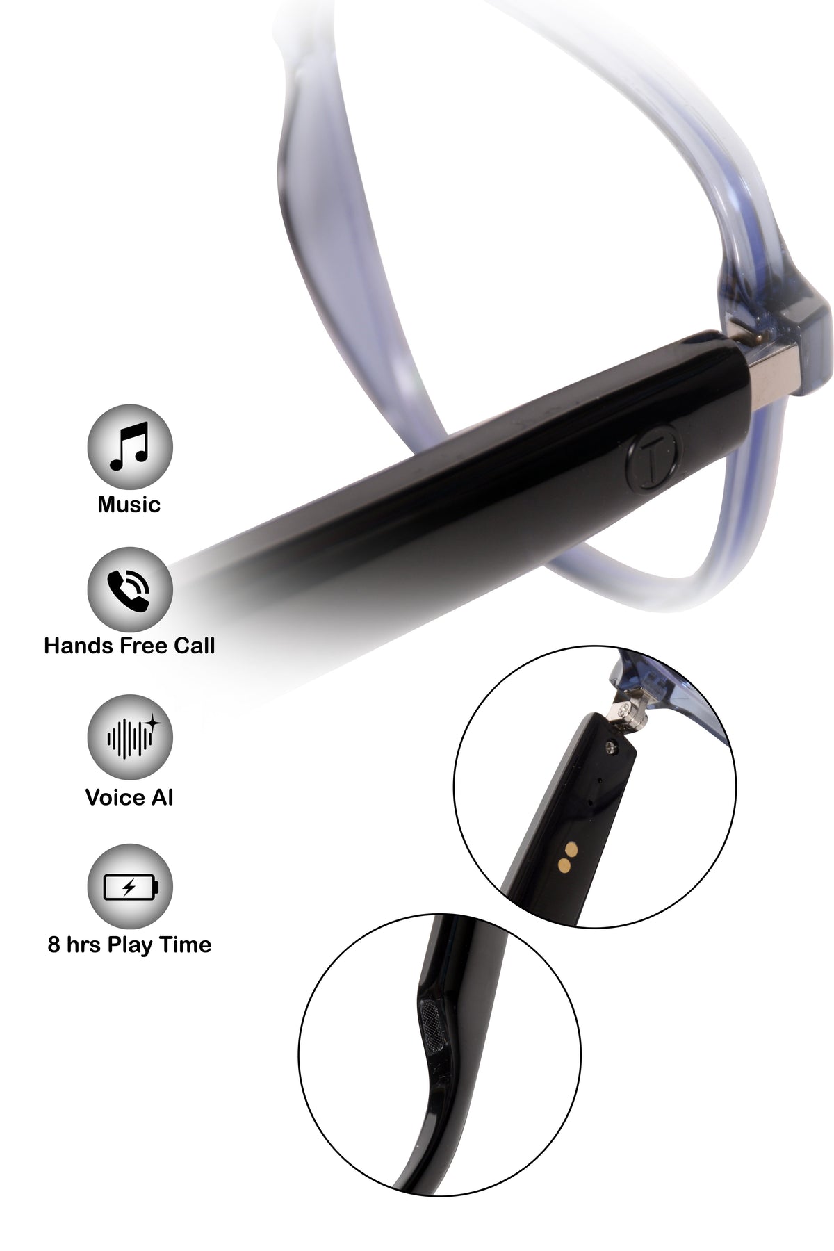 Jodykoes Square Smart Glasses with Speaker and Voice Assistant (Black)