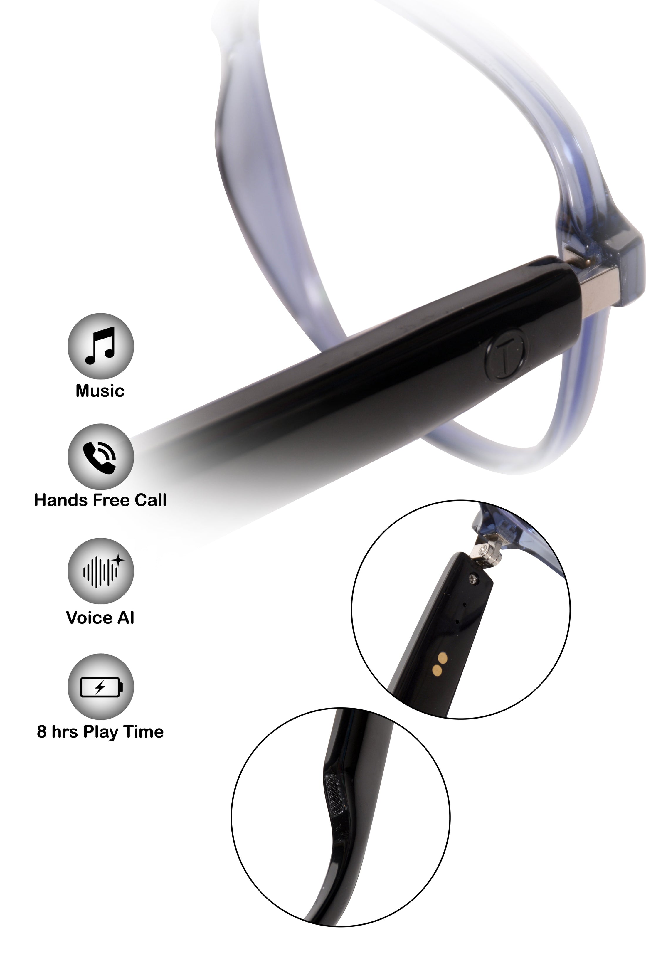 Jodykoes Square Smart Glasses with Speaker and Voice Assistant (Black)