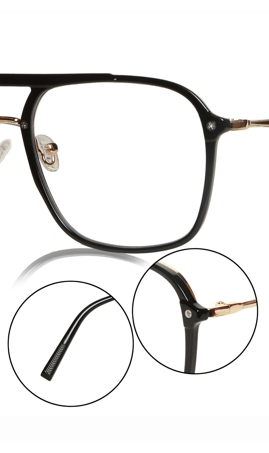 Premium Series Double Bar Eyewear Eyeglasses Spectacles Frame for Men and Women (Black and Gold)